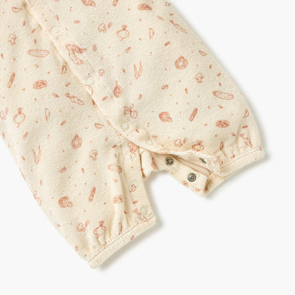 Juniors Graphic Print Romper with Ruffle Sleeves and Button Closure