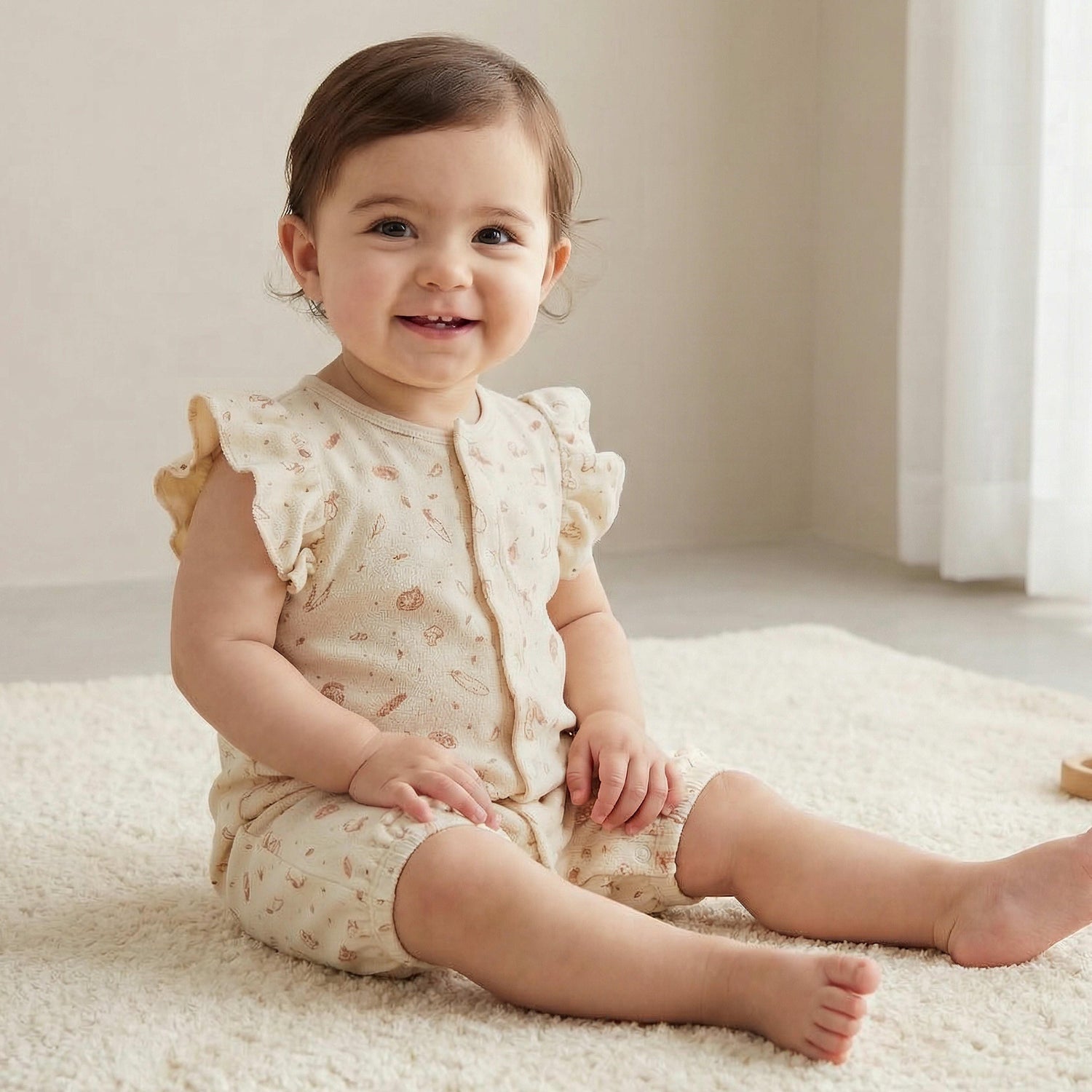 Juniors Graphic Print Romper with Ruffle Sleeves and Button Closure