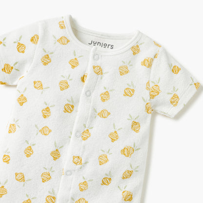 Juniors Printed Romper with Short Sleeves and Button Closure