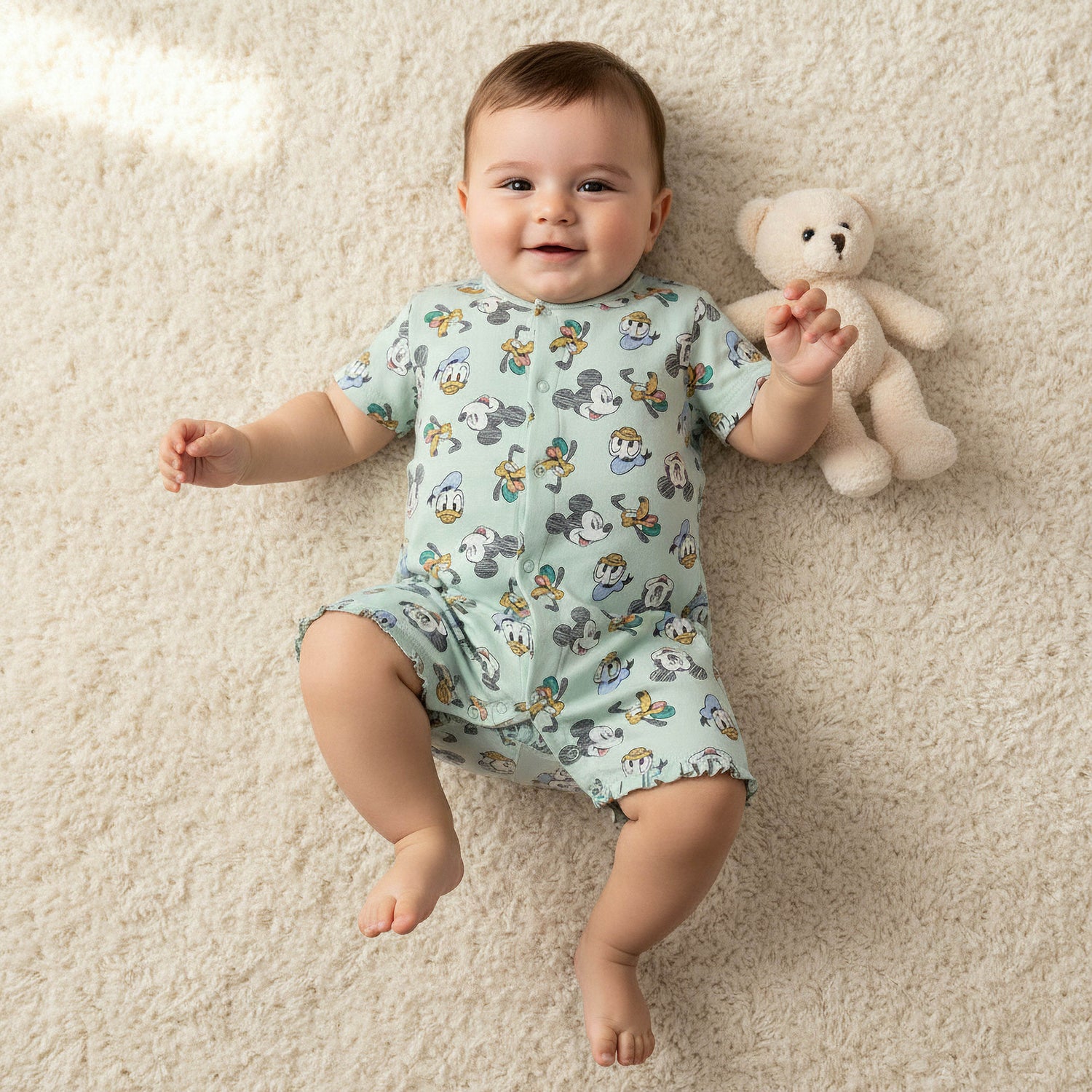 Disney Round Neck Short Sleeves Romper with Mickey Mouse and Friends Print