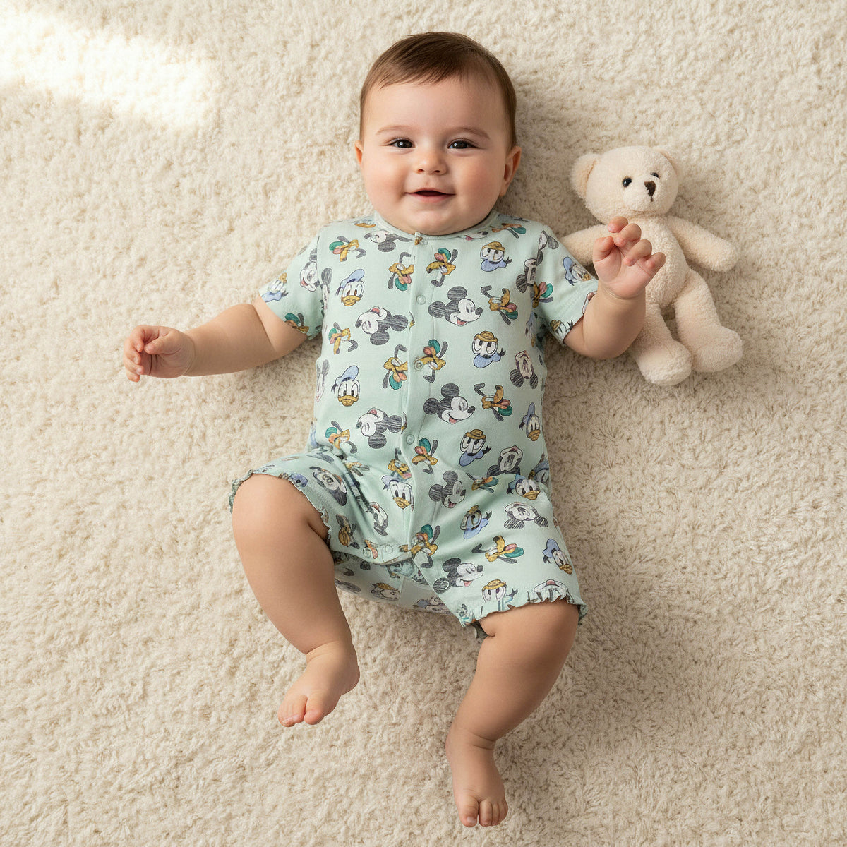 Disney Round Neck Short Sleeves Romper with Mickey Mouse and Friends Print