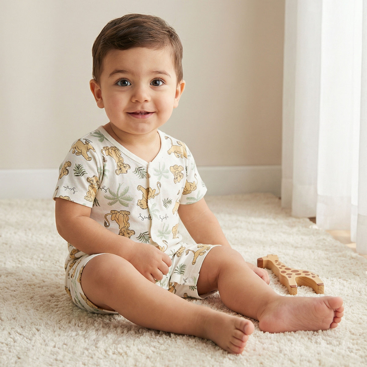 Disney Round Neck Short Sleeves Romper with Simba Print