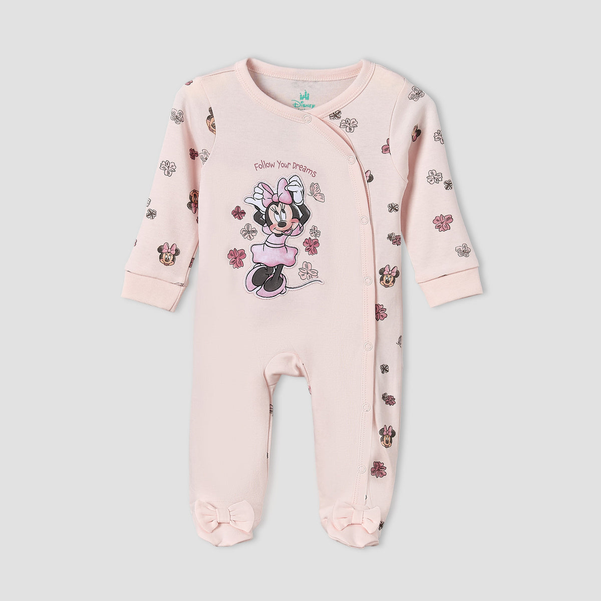 Disney Cotton Crew Neck Long Sleeves Sleepsuit with Minnie Mouse Applique