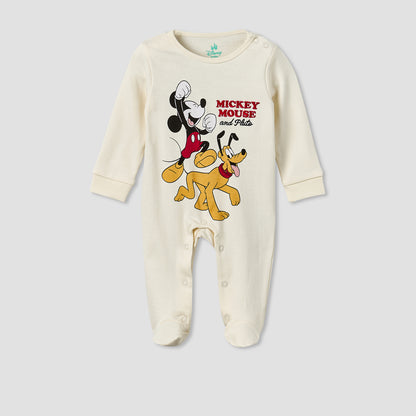 Disney Cotton Crew Neck Long Sleeves Sleepsuit with Mickey Mouse Print