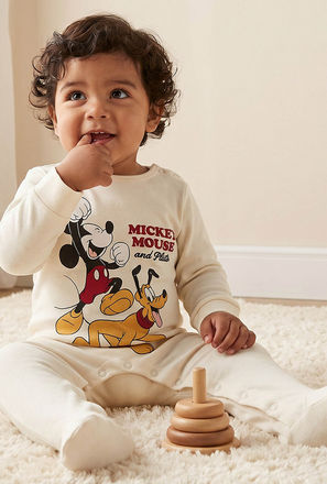 Disney Cotton Crew Neck Long Sleeves Sleepsuit with Mickey Mouse Print