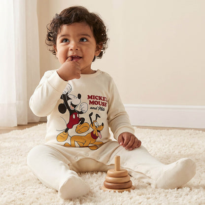 Disney Cotton Crew Neck Long Sleeves Sleepsuit with Mickey Mouse Print - Cream / 12-18 mths