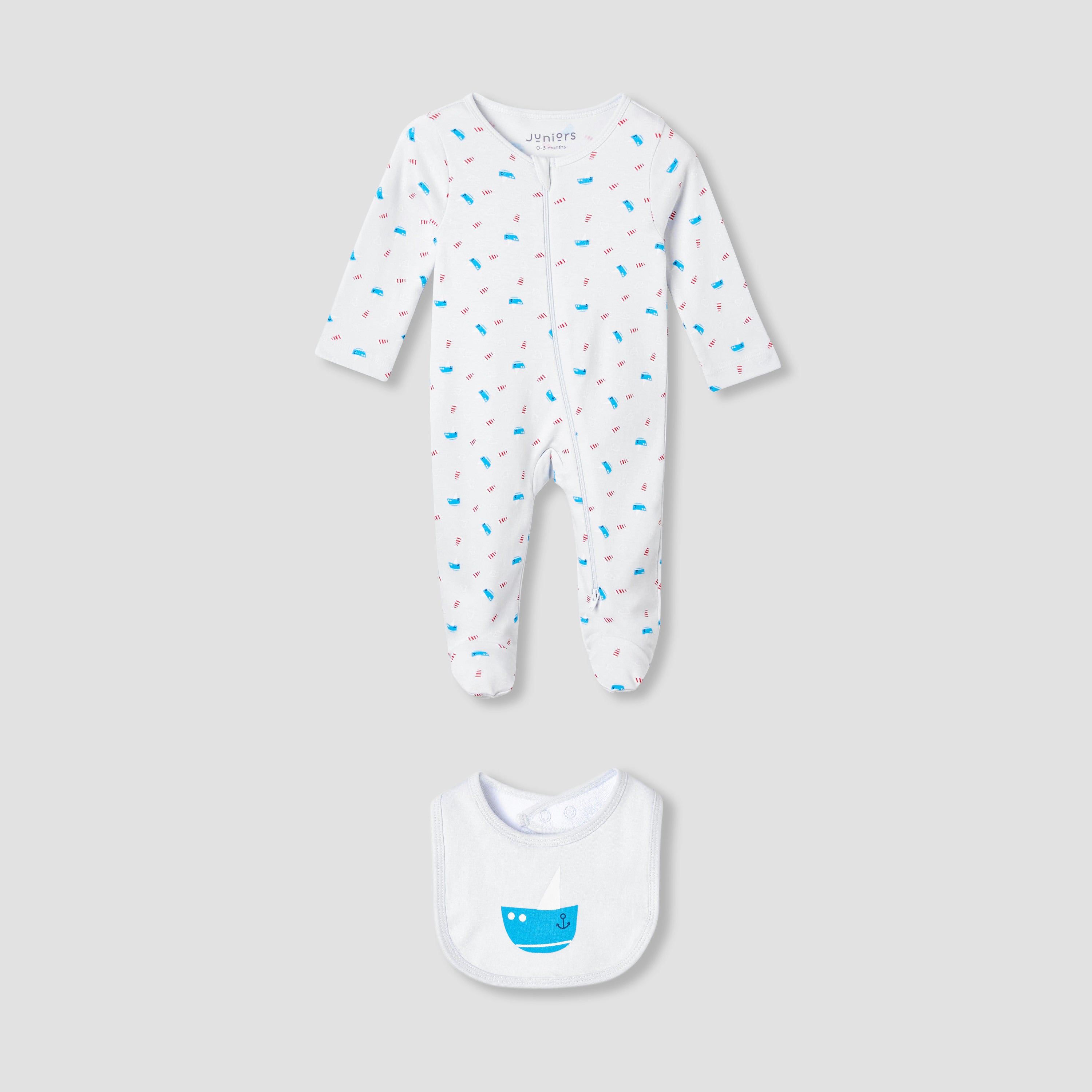 Juniors Round Neck Sleepsuit with Bib - Cotton - Long Sleeves - White / 12-18 mths