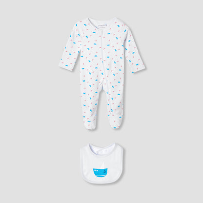 Juniors Round Neck Sleepsuit with Bib - Cotton - Long Sleeves - White / 12-18 mths