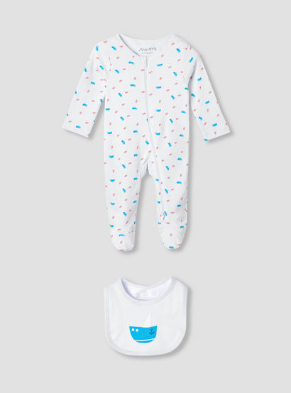 Juniors Round Neck Sleepsuit with Bib - Cotton - Long Sleeves-baby-boys-clothing-nightwear-sleepsuits-image-1