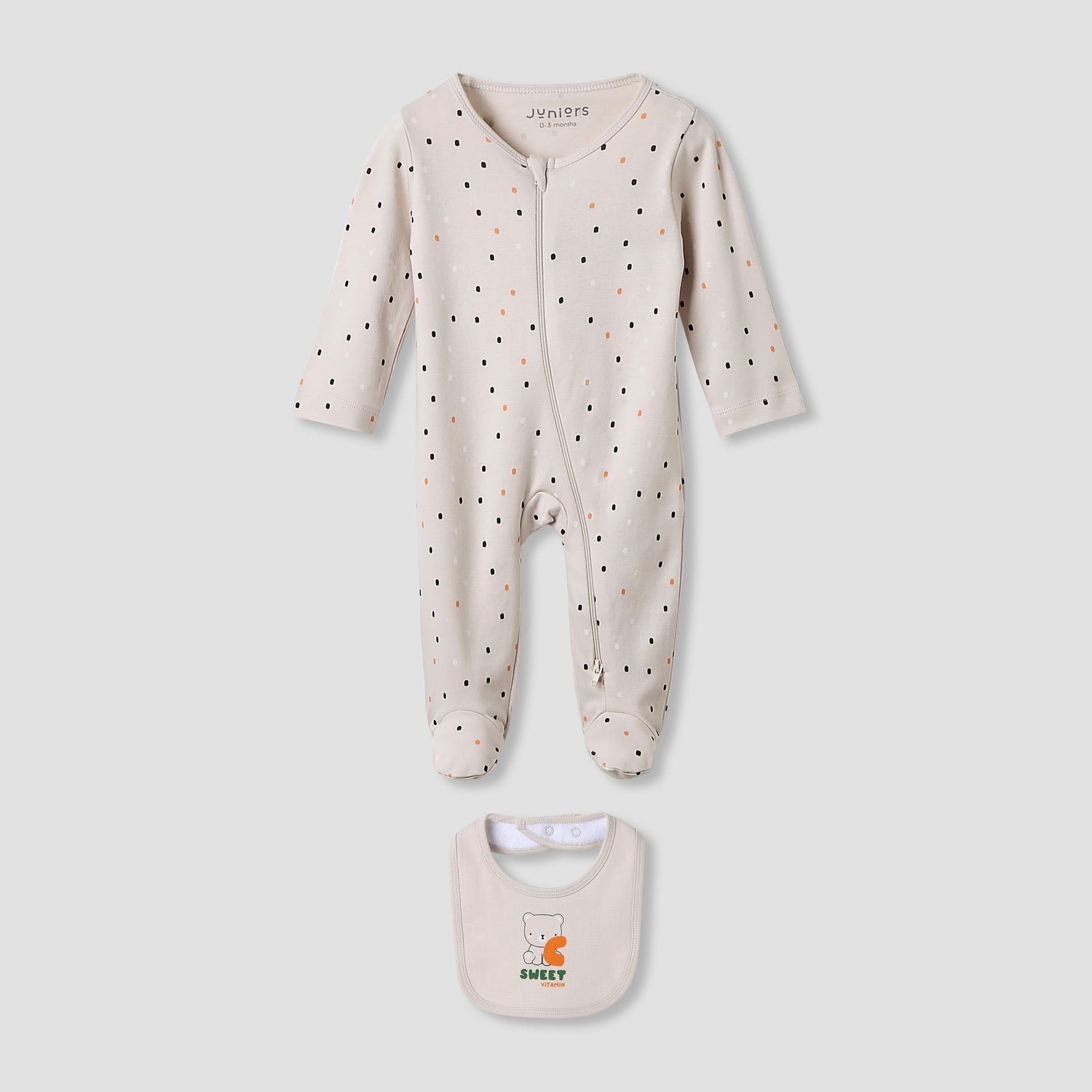 Juniors Crew Neck Sleepsuit with Bib - Cotton - Long Sleeves - Grey / 12-18 mths