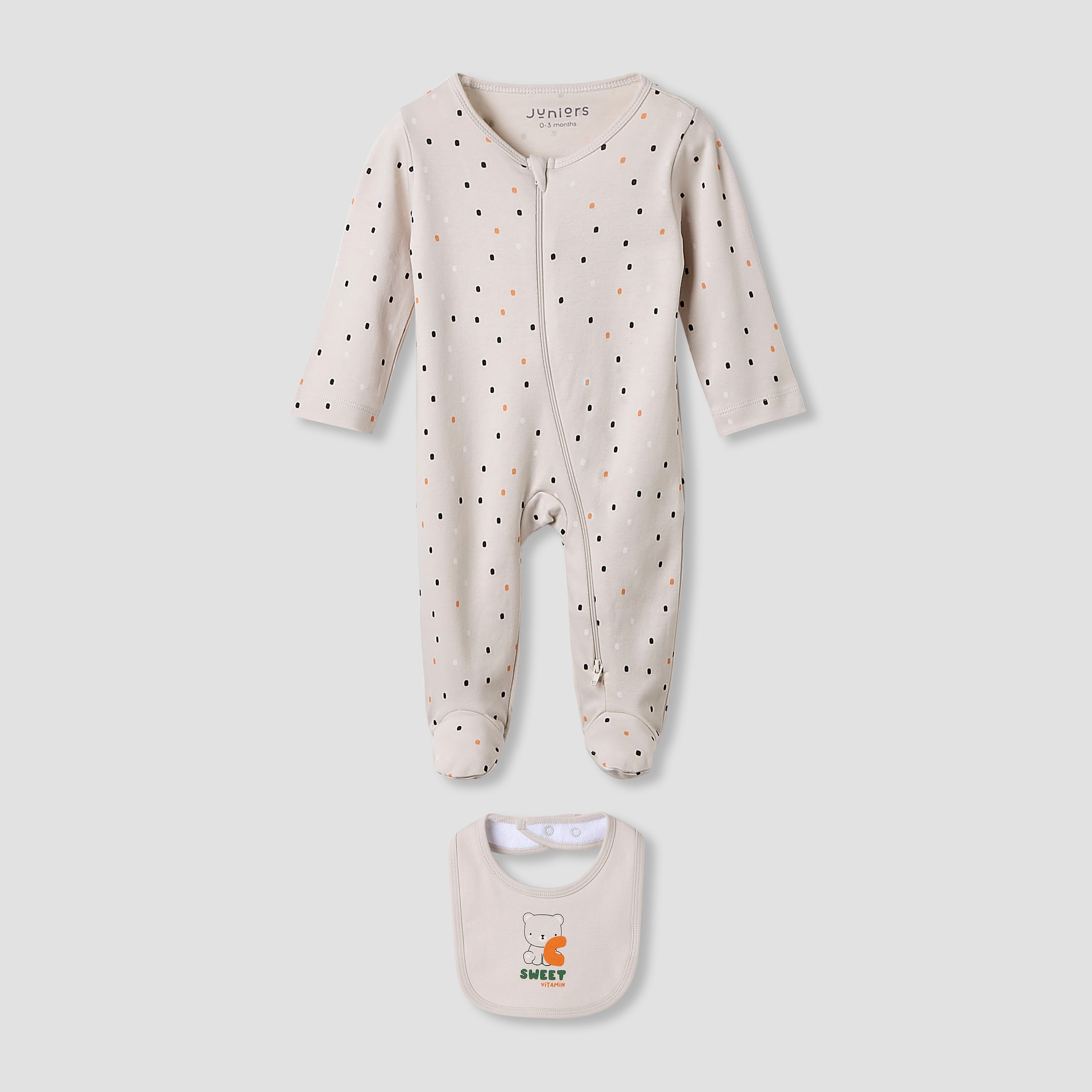 Juniors Crew Neck Sleepsuit with Bib - Cotton - Long Sleeves - Grey / 12-18 mths