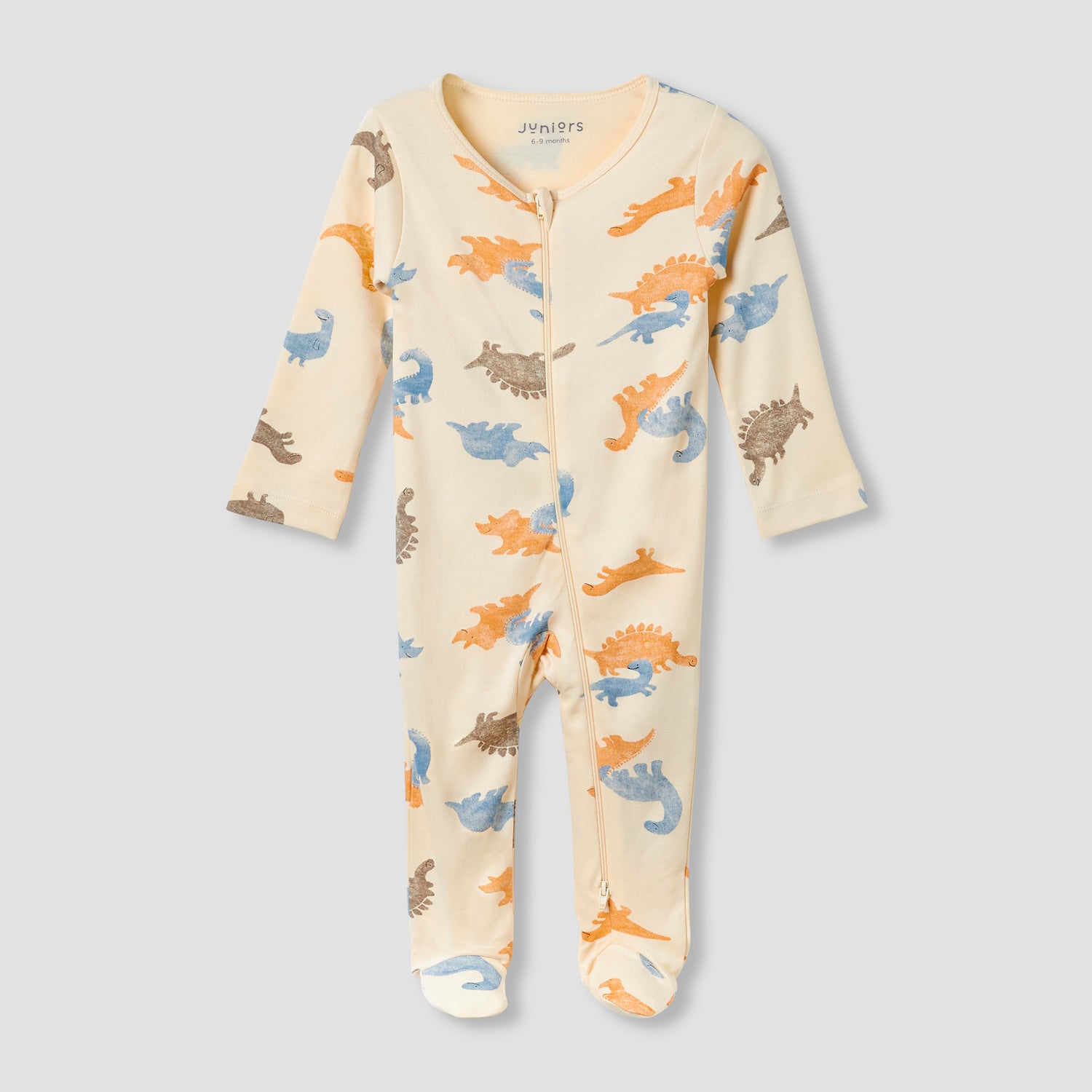 Juniors Round Neck Footed Sleepsuit with Dinosaur Print - Cotton - Long Sleeves