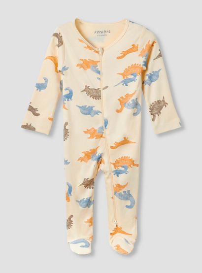 Juniors Round Neck Footed Sleepsuit with Dinosaur Print - Cotton - Long Sleeves-baby-boys-clothing-nightwear-sleepsuits-image-2