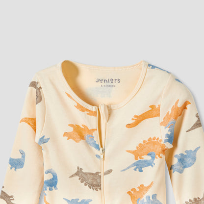 Juniors Round Neck Footed Sleepsuit with Dinosaur Print - Cotton - Long Sleeves