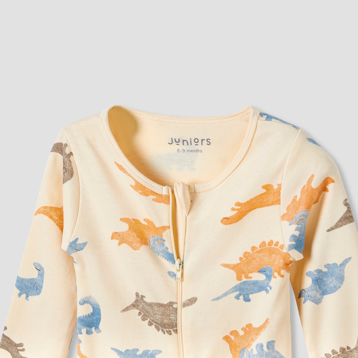 Juniors Round Neck Footed Sleepsuit with Dinosaur Print - Cotton - Long Sleeves