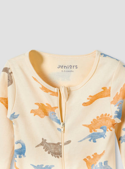Juniors Round Neck Footed Sleepsuit with Dinosaur Print - Cotton - Long Sleeves-baby-boys-clothing-nightwear-sleepsuits-image-4