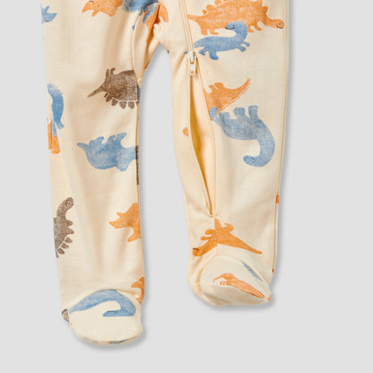 Juniors Round Neck Footed Sleepsuit with Dinosaur Print - Cotton - Long Sleeves
