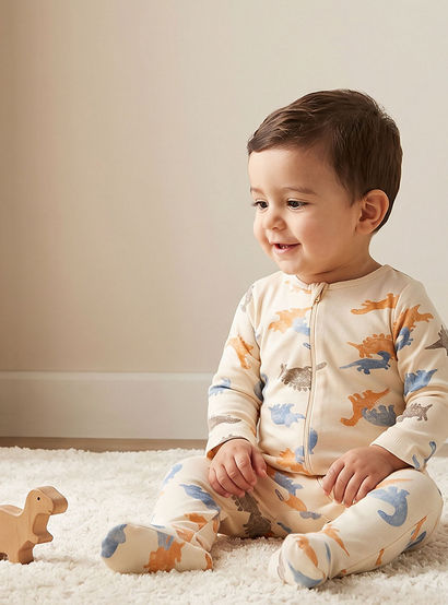 Juniors Round Neck Footed Sleepsuit with Dinosaur Print - Cotton - Long Sleeves-baby-boys-clothing-nightwear-sleepsuits-image-1