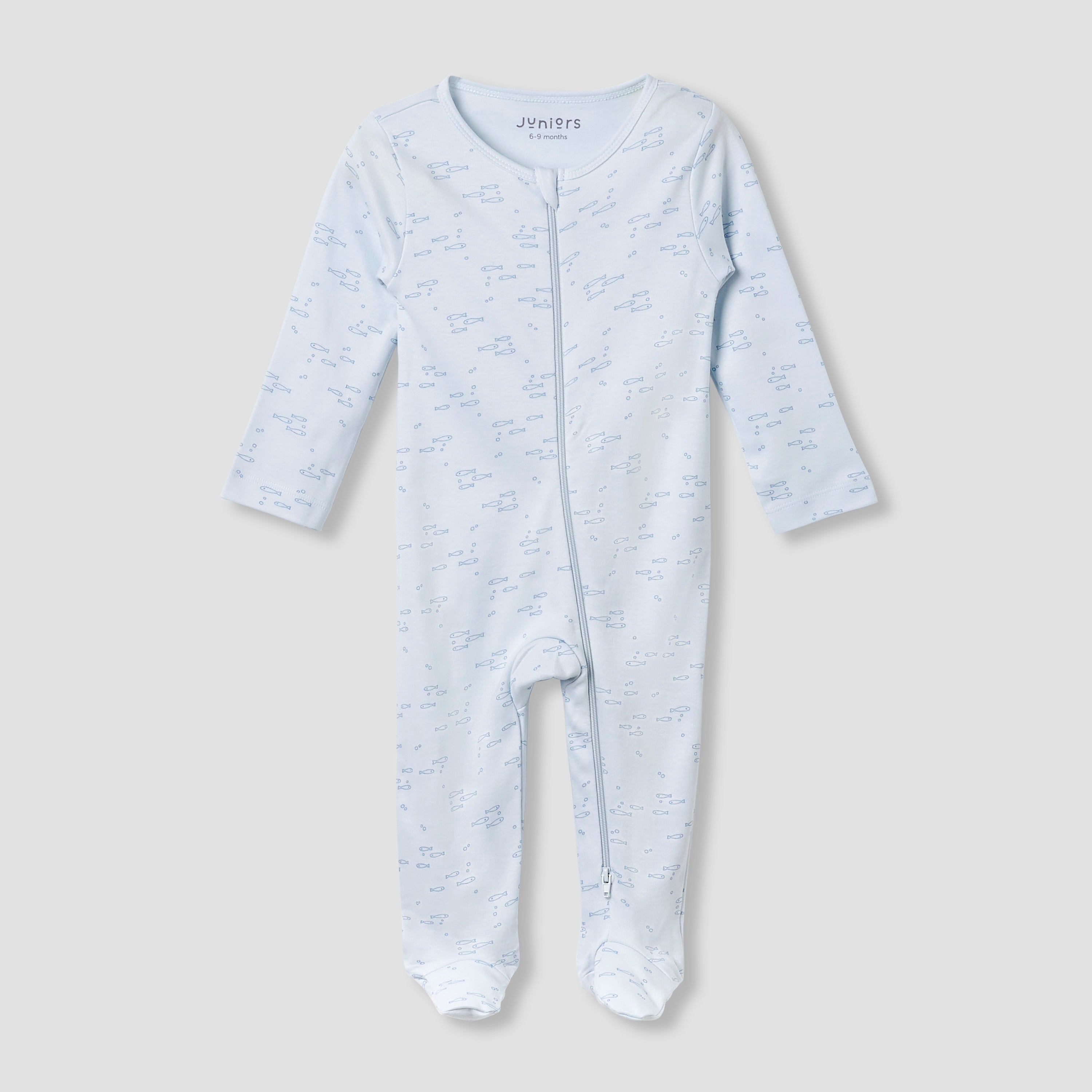 Juniors Round Neck Footed Sleepsuit with Fish Print - Cotton - Long Sleeves - Blue / 12-18 mths