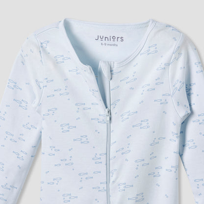 Juniors Round Neck Footed Sleepsuit with Fish Print - Cotton - Long Sleeves