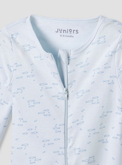 Juniors Round Neck Footed Sleepsuit with Fish Print - Cotton - Long Sleeves-baby-boys-clothing-nightwear-sleepsuits-image-3