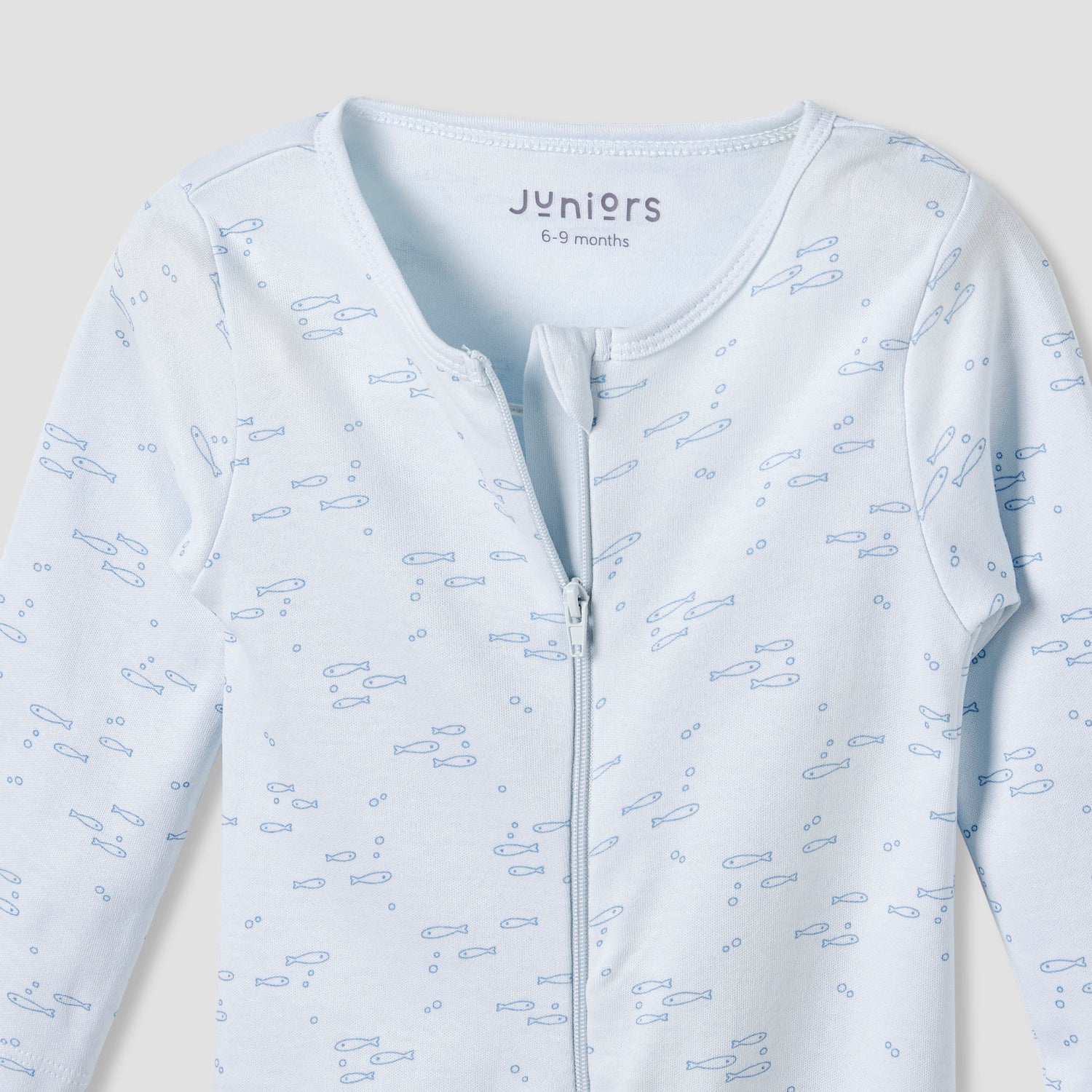 Juniors Round Neck Footed Sleepsuit with Fish Print - Cotton - Long Sleeves