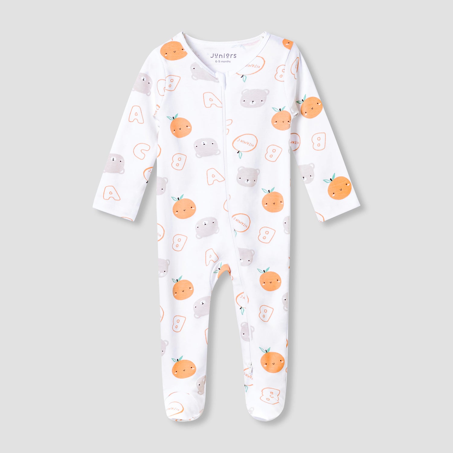 Juniors Round Neck Footed Sleepsuit with Fun Print - Cotton - Long Sleeves - White / 12-18 mths