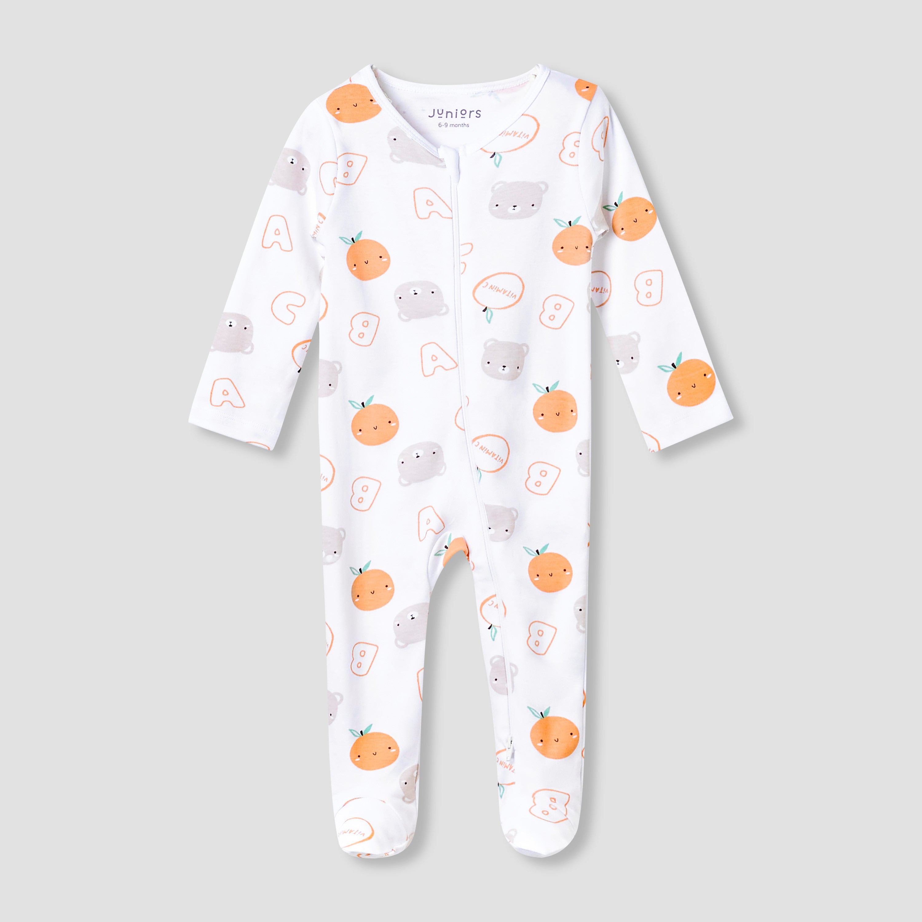 Juniors Round Neck Footed Sleepsuit with Fun Print - Cotton - Long Sleeves - White / 12-18 mths