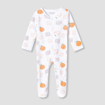 Juniors Round Neck Footed Sleepsuit with Fun Print - Cotton - Long Sleeves - White / 12-18 mths