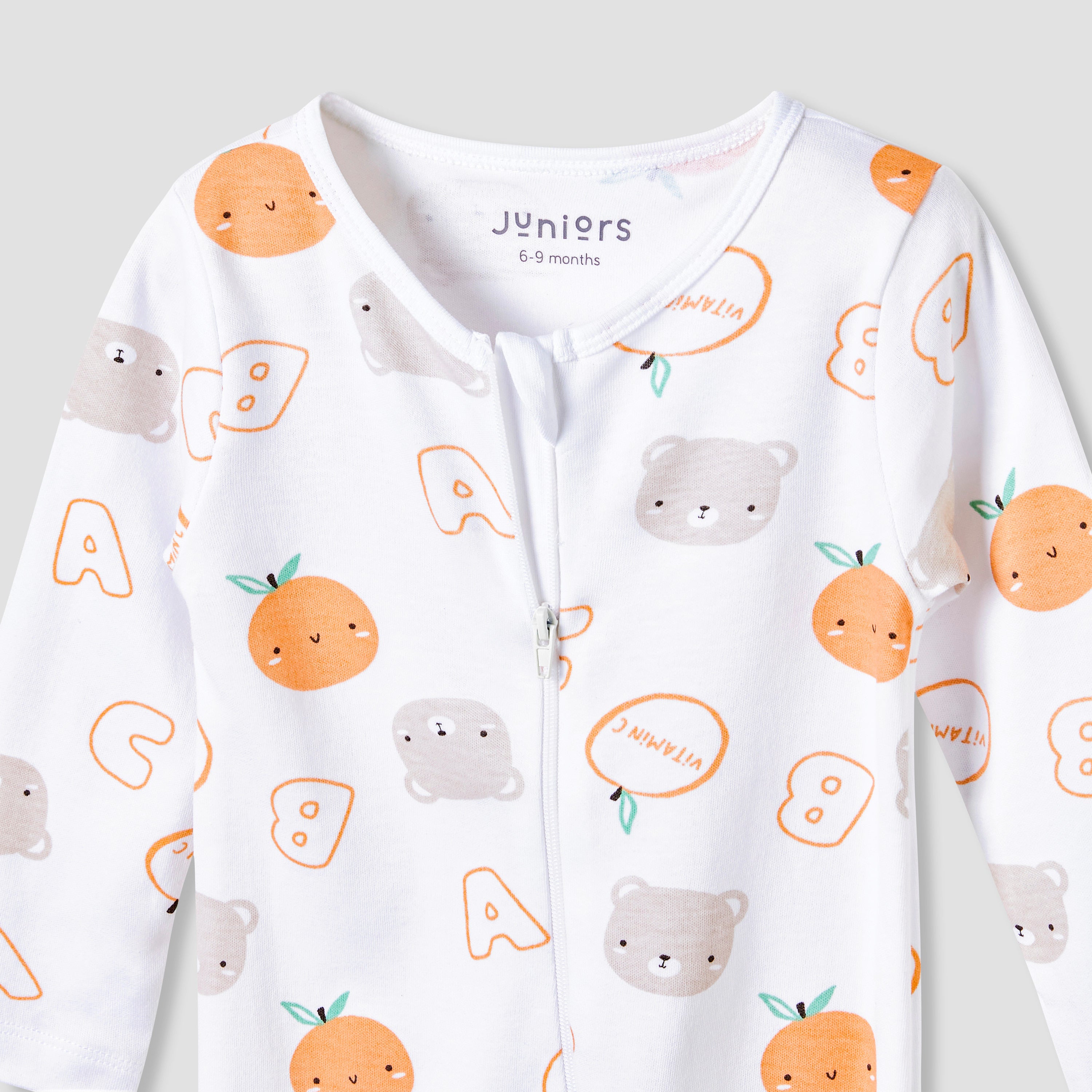 Juniors Round Neck Footed Sleepsuit with Fun Print - Cotton - Long Sleeves