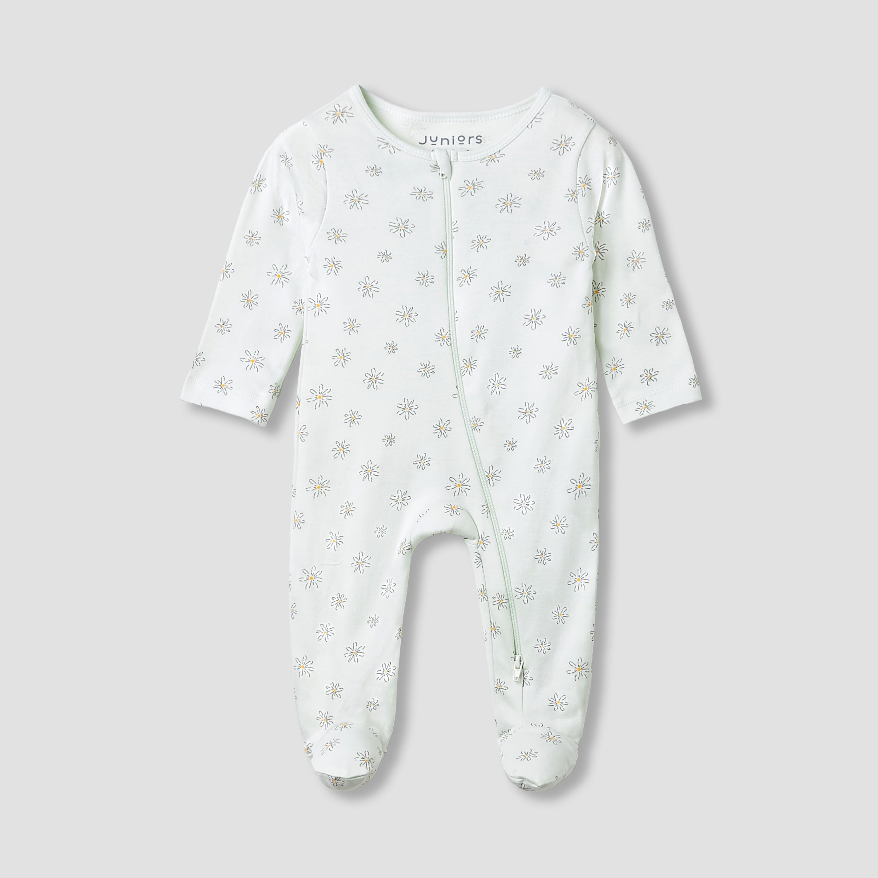 Juniors Round Neck Footed Sleepsuit with Floral Print - Cotton - Long Sleeves - Green / 12-18 mths