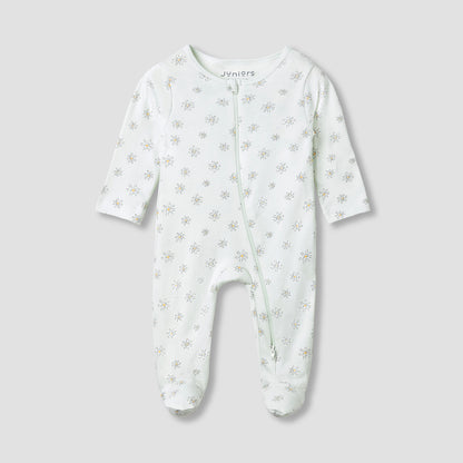 Juniors Round Neck Footed Sleepsuit with Floral Print - Cotton - Long Sleeves - Green / 12-18 mths