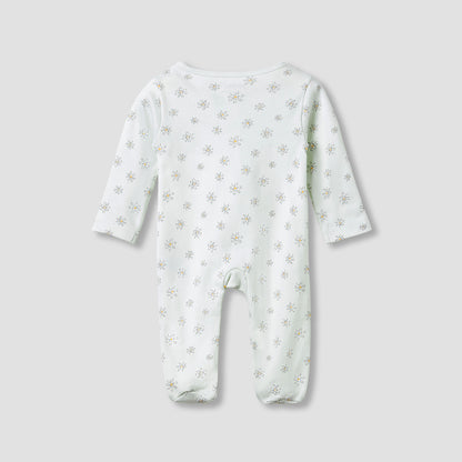 Juniors Round Neck Footed Sleepsuit with Floral Print - Cotton - Long Sleeves