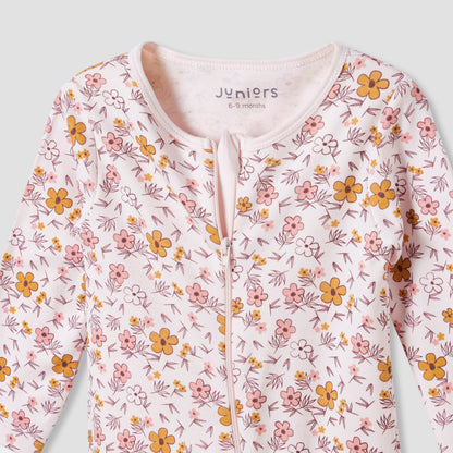 Juniors Round Neck Footed Sleepsuit with Floral Print - Cotton - Long Sleeves