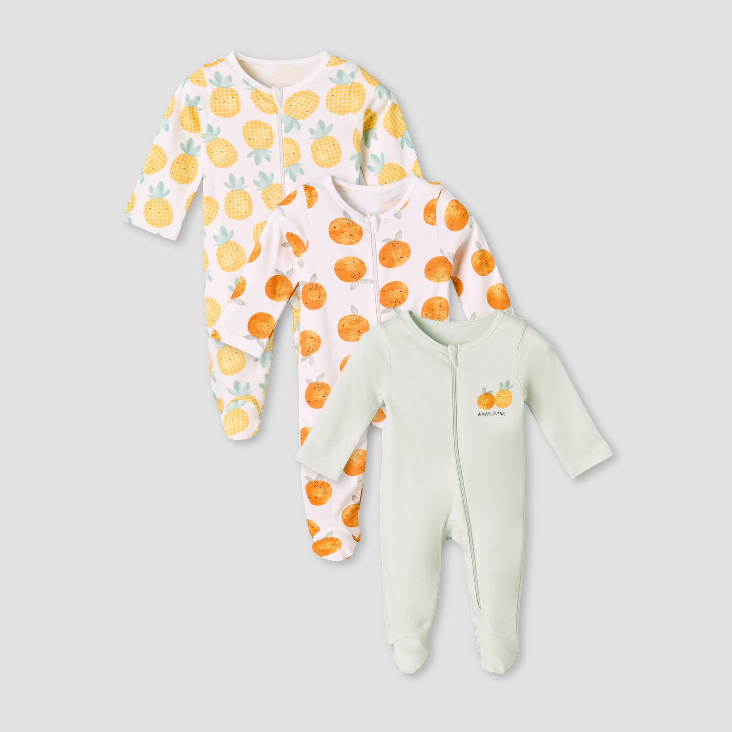 Pack of 3 Juniors Cotton Round Neck Long Sleeves Sleepsuit with Zip Closure - Multicolour / 12-18 mths