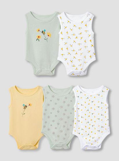 Pack of 5 Juniors Cotton Round Neck Sleeveless Bodysuit with Floral Print-baby-girls-clothing-bodysuits-image-1