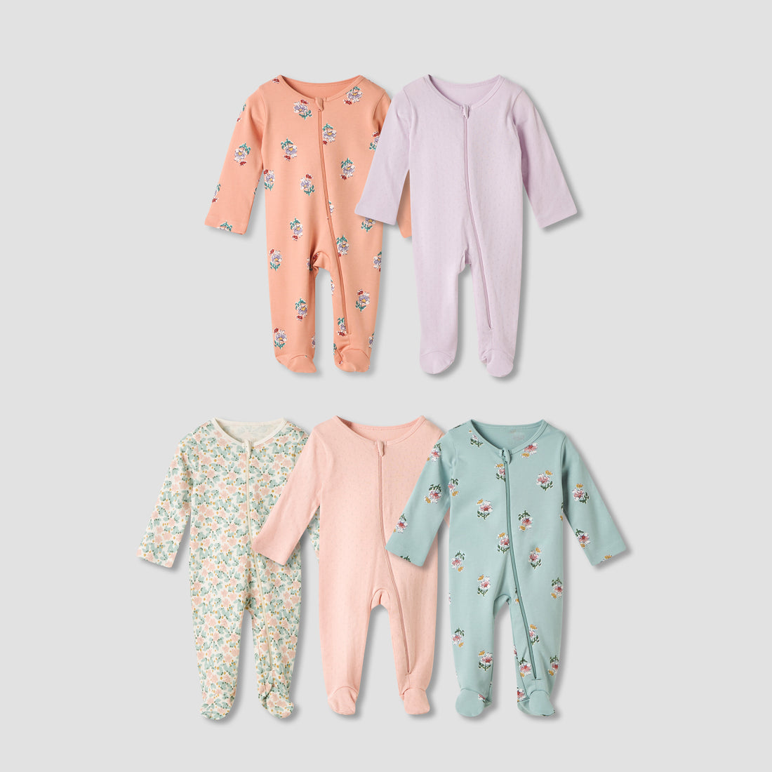 Juniors Floral Print Sleepsuit with Long Sleeves - Set of 5 - Multicolour / 12-18 mths