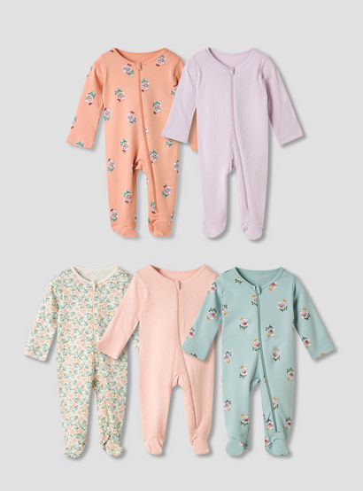 Juniors Floral Print Sleepsuit with Long Sleeves - Set of 5-baby-girls-clothing-nightwear-sleepsuits-image-1