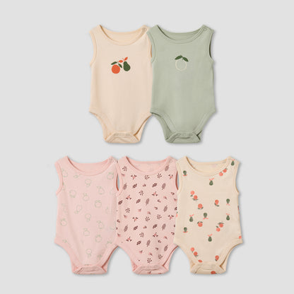 Pack of 5 Juniors Cotton Round Neck Sleeveless Bodysuit with Fruit Print