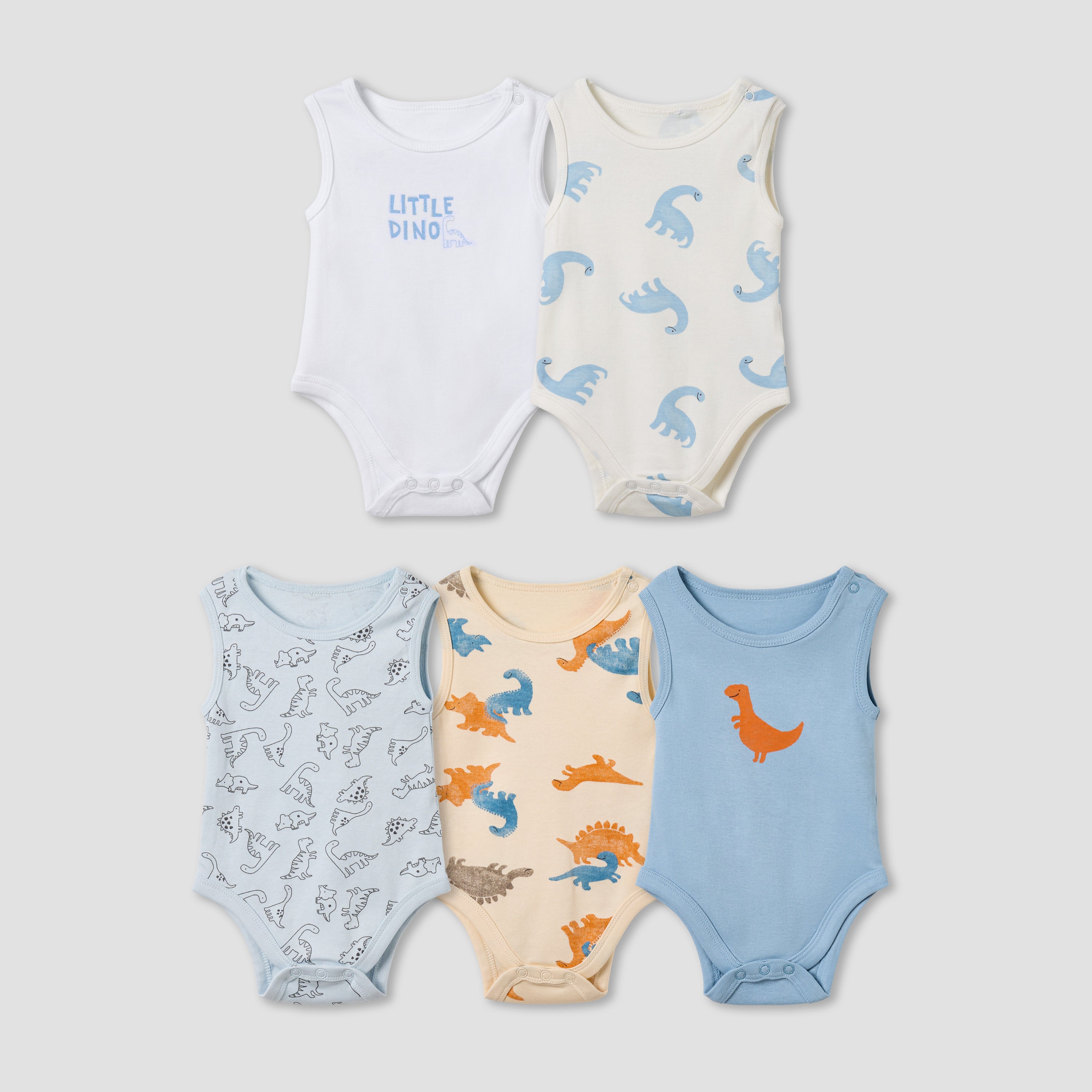 Pack of 5 Juniors Cotton Round Neck Sleeveless Bodysuit with Dinosaur Print - Multicolour / 12-18 mths