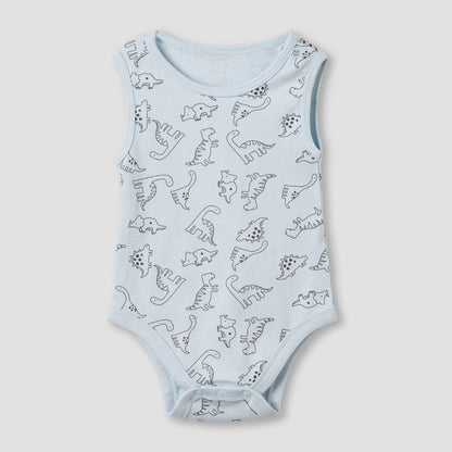 Pack of 5 Juniors Cotton Round Neck Sleeveless Bodysuit with Dinosaur Print