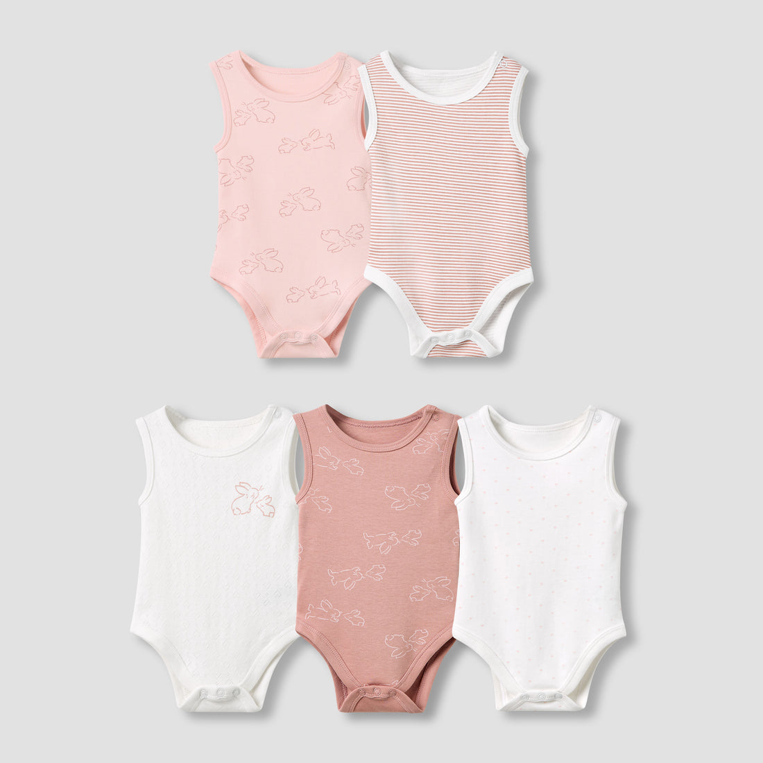 Juniors Round Neck Bodysuit with Snap Button Closure - Cotton - Sleeveless - Set of 5 - Pink / 12-18 mths