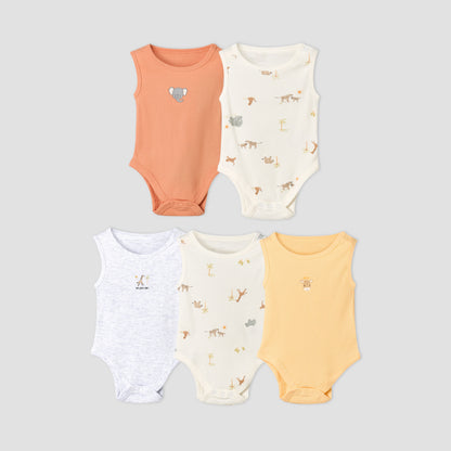 Pack of 5 Juniors Round Neck Sleeveless Bodysuit with Animal Print - Multicolour / 12-18 mths