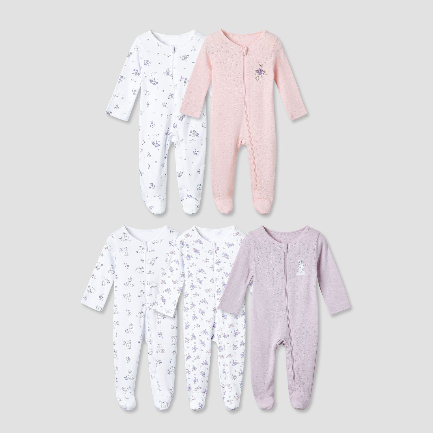 Juniors Cotton Round Neck Long Sleeves Sleepsuit with Fun Print, Set of 5 - Multicolour / 12-18 mths