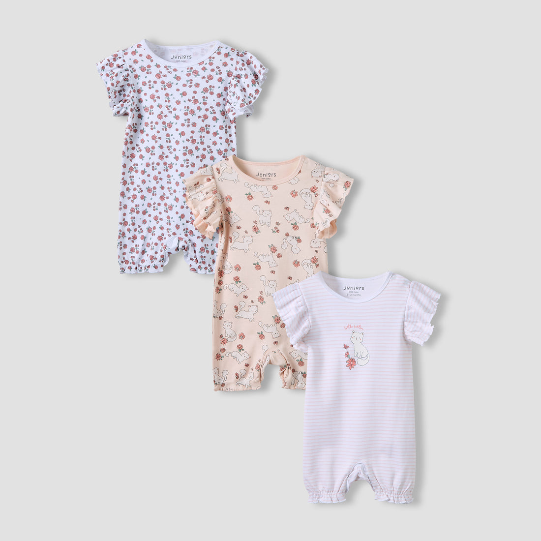 Juniors Crew Neck Romper with Print - Cotton - Short Sleeves - Set of 3