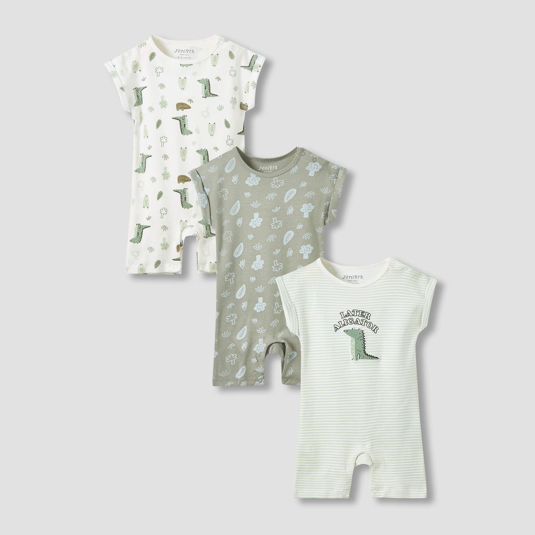 Juniors Crew Neck Romper with Dinosaur Print - Cotton - Short Sleeves - Set of 3 - Multicolour / 12-18 mths