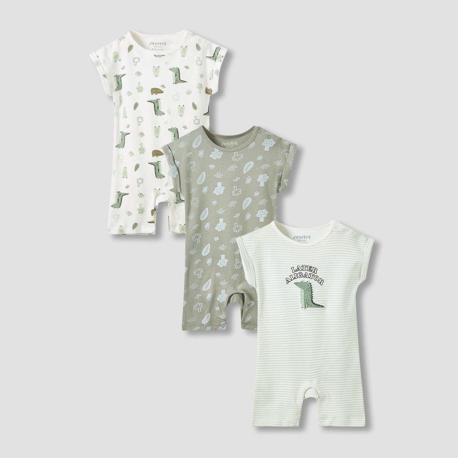 Juniors Crew Neck Romper with Dinosaur Print - Cotton - Short Sleeves - Set of 3 - Multicolour / 12-18 mths