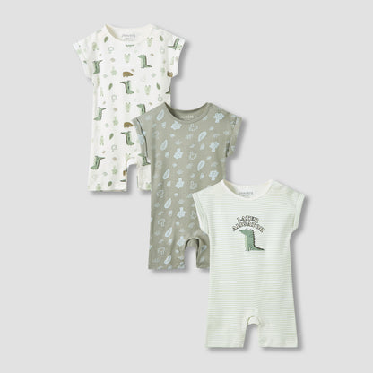 Juniors Crew Neck Romper with Dinosaur Print - Cotton - Short Sleeves - Set of 3 - Multicolour / 12-18 mths