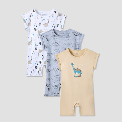 Juniors Crew Neck Romper with Dinosaur Print - Cotton - Cap Sleeves - Set of 3 - Multicolour / 12-18 mths