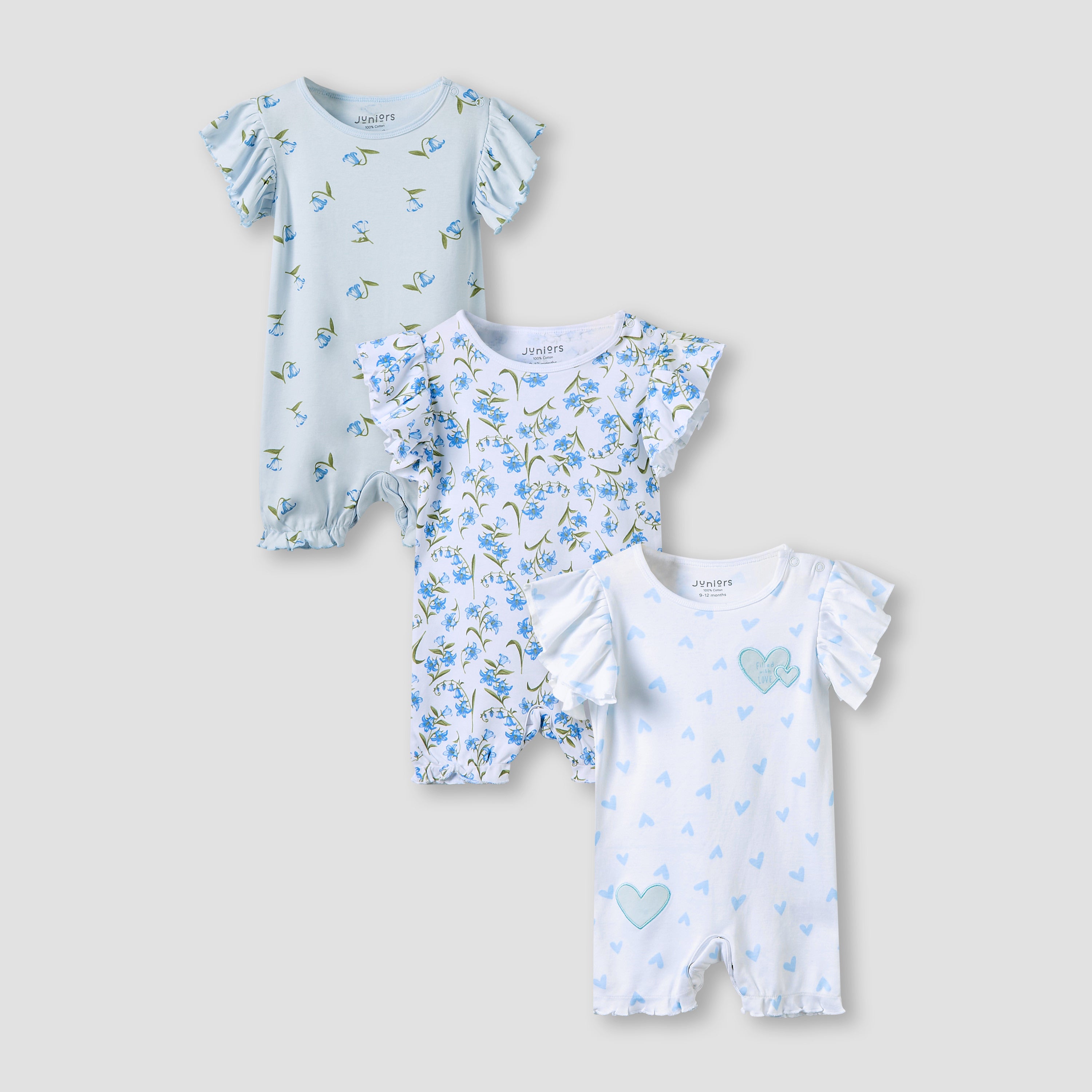 Juniors Crew Neck Romper with Print - Cotton - Short Sleeves - Set of 3